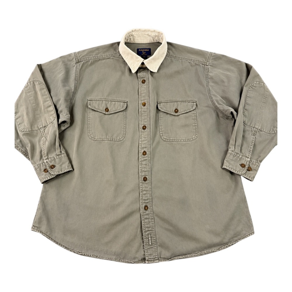 Woolrich Button Down Shirt Mens XL Olive Green Good Corduroy Elbow Patch Shirt
